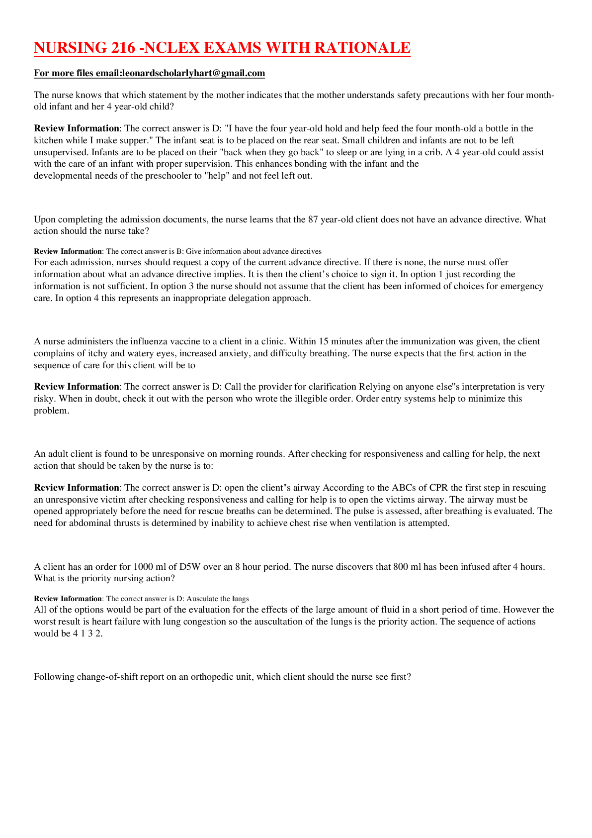 Preview image for NURSING 216 -NCLEX EXAMS WITH RATIONALE